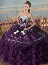 Sexy Purple Sleeveless Satin and Organza Lace Up Quinceanera Gown for Sweet 16 and Quinceanera