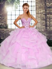 Lilac Tulle Lace Up Quinceanera Gowns Sleeveless Floor Length Beading and Ruffles