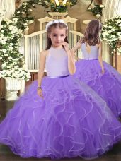Lavender Tulle Backless Little Girls Pageant Dress Wholesale Sleeveless Floor Length Ruffles