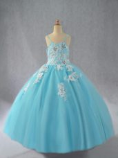 Top Selling Floor Length Lace Up Glitz Pageant Dress Aqua Blue for Wedding Party with Beading and Appliques
