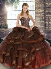 Vintage Sleeveless Tulle Floor Length Lace Up Quinceanera Dresses in Brown with Beading and Ruffles