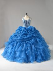 Fantastic Sleeveless Floor Length Beading and Ruffles Lace Up Quince Ball Gowns with Blue