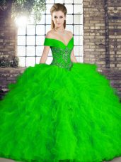 Smart Beading and Ruffles Ball Gown Prom Dress Green Lace Up Sleeveless Floor Length