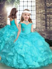 Organza Straps Sleeveless Lace Up Beading and Ruffles Girls Pageant Dresses in Aqua Blue