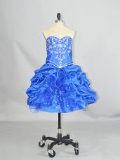 Attractive Blue Sleeveless Mini Length Beading and Ruffles and Pick Ups Lace Up Party Dress for Toddlers