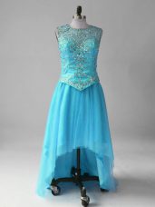 Aqua Blue Prom Gown Prom and Party and Military Ball with Beading Scoop Sleeveless Lace Up