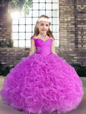Pretty Sleeveless Fabric With Rolling Flowers Floor Length Lace Up Kids Formal Wear in Lilac with Beading and Ruching