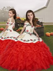 Red Organza Lace Up Straps Sleeveless Floor Length Little Girl Pageant Dress Embroidery and Ruffles