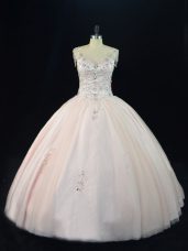 Deluxe Beading Sweet 16 Dresses Pink Lace Up Sleeveless Floor Length