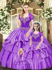 Fine Beading and Ruffled Layers Sweet 16 Quinceanera Dress Lavender Lace Up Sleeveless Floor Length