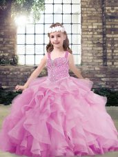 Lilac Tulle Lace Up Straps Sleeveless Floor Length Kids Formal Wear Beading and Ruffles