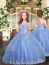 Floor Length Ball Gowns Sleeveless Baby Blue Little Girl Pageant Dress Lace Up