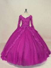 Romantic Fuchsia Ball Gowns Lace and Appliques Quince Ball Gowns Lace Up Tulle Long Sleeves Floor Length