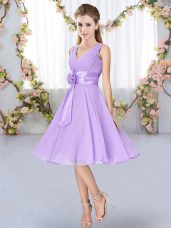 Fashion Knee Length Lace Up Court Dresses for Sweet 16 Lavender for Wedding Party with Hand Made Flower