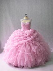 Organza Scoop Sleeveless Brush Train Lace Up Beading and Ruffles Sweet 16 Quinceanera Dress in Pink