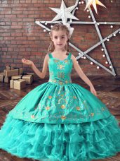 Amazing Ball Gowns Pageant Gowns For Girls Turquoise Straps Satin and Organza Sleeveless Floor Length Lace Up