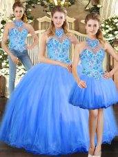 Super Embroidery Ball Gown Prom Dress Blue Lace Up Sleeveless Floor Length
