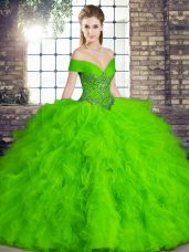 Sexy Off The Shoulder Sleeveless Quinceanera Dress Floor Length Beading and Ruffles Green Tulle