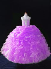Trendy Lilac Sleeveless Floor Length Beading and Ruffles and Pick Ups Zipper Little Girls Pageant Gowns