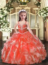 Beauteous Orange Red Sleeveless Beading and Ruffles Floor Length Little Girl Pageant Dress