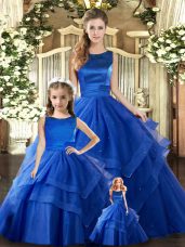 High Class Royal Blue Lace Up Scoop Ruffled Layers Ball Gown Prom Dress Tulle Sleeveless