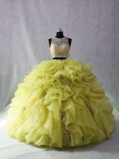 Best Selling Yellow Green Zipper Scoop Beading and Ruffles Quinceanera Gown Organza and Sequined Sleeveless Brush Train