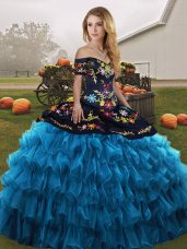 Blue And Black Off The Shoulder Lace Up Embroidery and Ruffled Layers Quinceanera Dresses Sleeveless