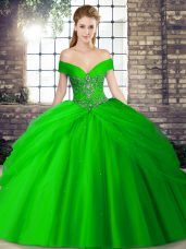 Artistic Brush Train Ball Gowns Sweet 16 Quinceanera Dress Green Off The Shoulder Tulle Sleeveless Lace Up