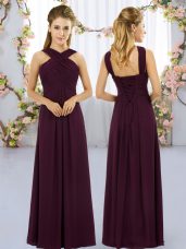 Burgundy Chiffon Lace Up Bridesmaid Gown Sleeveless Floor Length Ruching