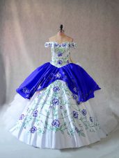 Beauteous Blue And White Off The Shoulder Lace Up Embroidery and Ruffles Sweet 16 Quinceanera Dress Sleeveless