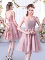 Tulle Scoop Sleeveless Lace Up Appliques and Belt Wedding Party Dress in Pink