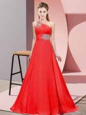 Classical Red Chiffon Lace Up One Shoulder Sleeveless Dress Like A Star Brush Train Beading