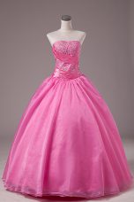 Extravagant Floor Length Rose Pink Quinceanera Dresses Strapless Sleeveless Lace Up