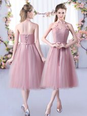Unique Halter Top Sleeveless Lace Up Quinceanera Court of Honor Dress Pink Tulle