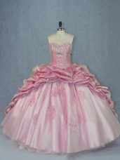Pink Ball Gowns Sweetheart Sleeveless Tulle Brush Train Lace Up Beading and Appliques and Pick Ups 15 Quinceanera Dress