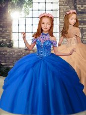 Blue and Peach Tulle Lace Up High-neck Sleeveless Floor Length Little Girls Pageant Dress Beading