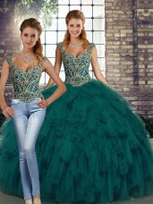 Cute Peacock Green Sleeveless Organza Lace Up Sweet 16 Dress for Military Ball and Sweet 16 and Quinceanera