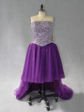 Sleeveless High Low Beading Lace Up Prom Gown with Purple