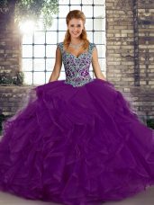 Purple Lace Up Ball Gown Prom Dress Beading and Ruffles Sleeveless Floor Length