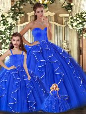 Dramatic Sweetheart Sleeveless Lace Up Ball Gown Prom Dress Blue Tulle
