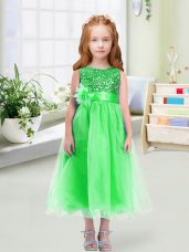 High Class Green Sleeveless Sequins and Hand Made Flower Tea Length Flower Girl Dresses for Less