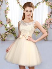 Sleeveless Mini Length Lace and Bowknot Lace Up Court Dresses for Sweet 16 with Champagne