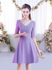 Customized Lavender Half Sleeves Mini Length Ruching Zipper Damas Dress