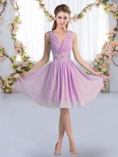 Fashionable Lavender Zipper Bridesmaid Dresses Beading Sleeveless Knee Length