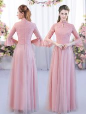 Eye-catching High-neck 3 4 Length Sleeve Zipper Dama Dress for Quinceanera Pink Tulle