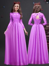 Trendy Lilac Lace Up Bridesmaids Dress Appliques Long Sleeves Floor Length