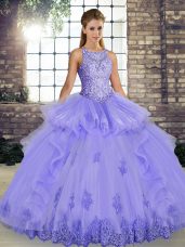 Hot Sale Lavender Lace Up Scoop Lace and Embroidery and Ruffles Quinceanera Dress Tulle Sleeveless