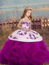 Superior Sleeveless Floor Length Lace Up Little Girls Pageant Gowns in Fuchsia with Embroidery and Ruffles
