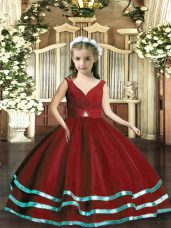 Elegant Wine Red V-neck Backless Beading and Ruching Child Pageant Dress Sleeveless