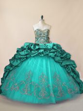Chic Turquoise 15th Birthday Dress Sweet 16 and Quinceanera with Beading and Pick Ups Sweetheart Sleeveless Brush Train Lace Up